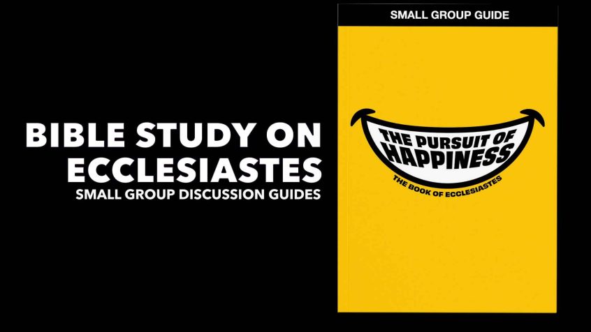 Text: Bible Study on Ecclesiastes Image: A mockup of a book featuring a bright yellow Smile on yellow smile with "pursuit of happiness" across the center."