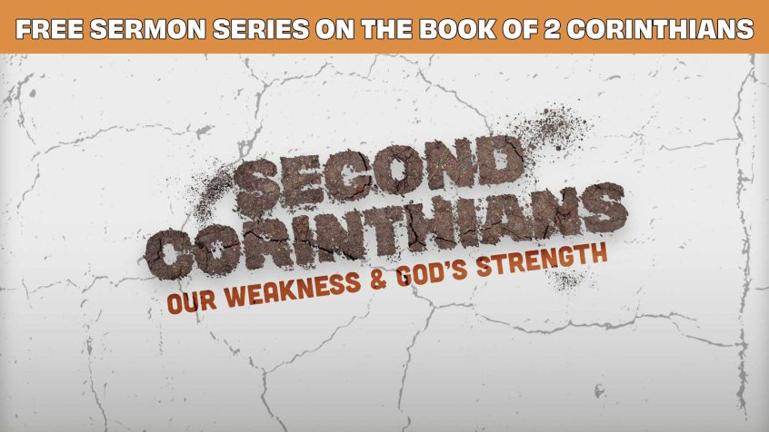Top Text: Free Sermon Series on Second Corinthians Primary Graphic: The Second Corinthian's Sermon Series Graphic featuring the word "second corinthians" written in dirt